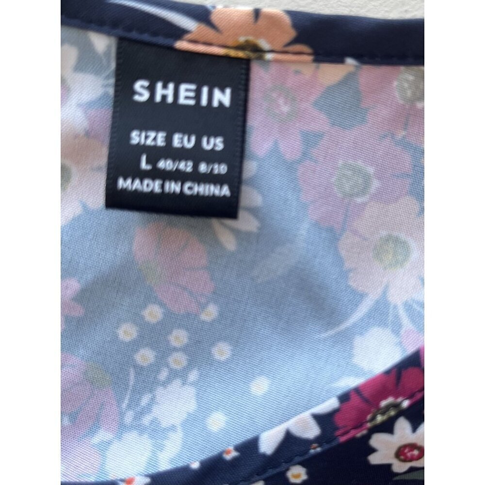 Shein L Floral Long Sleeve Blouse Keyhole Back Black Multicolor - Picture 6 of 7